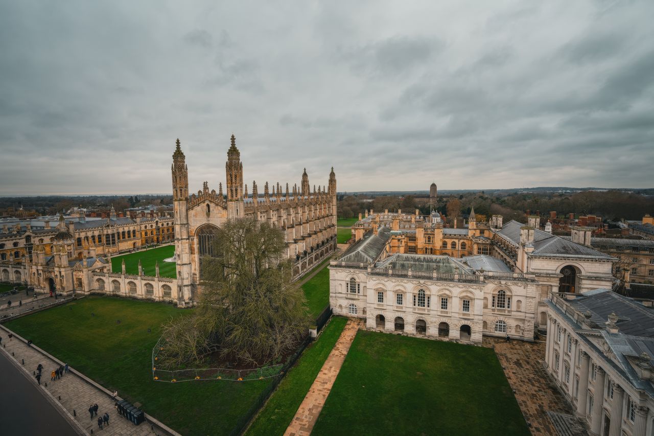 Stunning aerial shot of King's College Chapel, Cambridge, on a cloudy day.